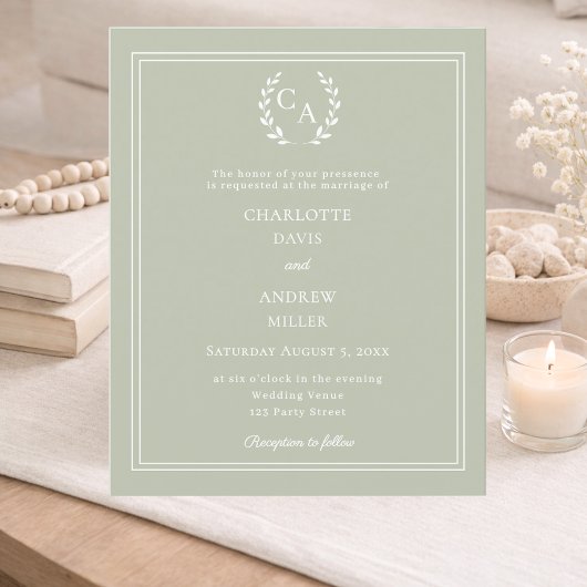 Sage green monogram wreath wedding invitation