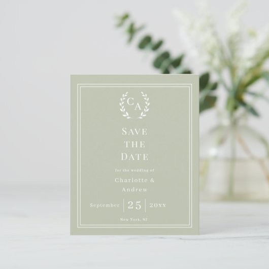 Sage green monogram wreath wedding Save the Date  (スタンド正面)