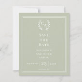 Sage green monogram wreath wedding Save the Date (正面)