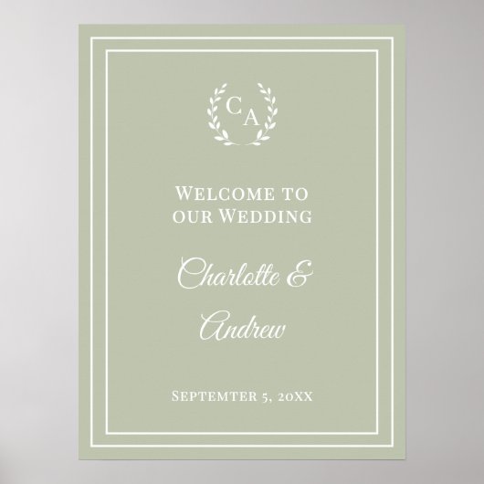 Sage green monogrammed elegant wedding welcome ポスター (正面)