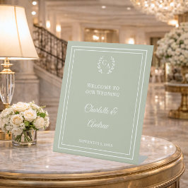 Sage green monogrammed elegant wedding welcome  台座サイン