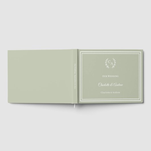 Sage green monogrammed wreath wedding ゲストブック (全面)