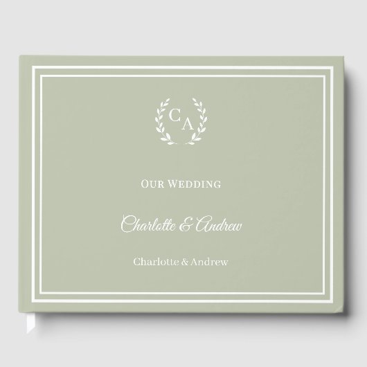 Sage green monogrammed wreath wedding ゲストブック (正面)