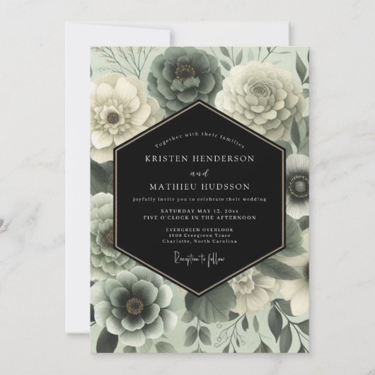 Sage Green Moody Floral Wedding 招待状 (正面)