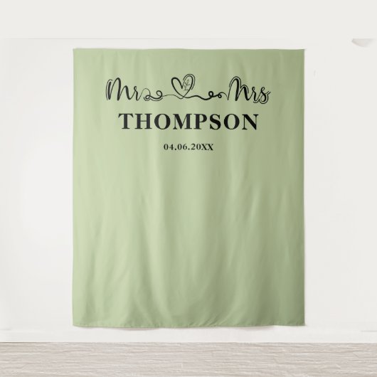 Sage Green | Mr and Mrs Elegant Simple Backdrop タペストリー (正面)