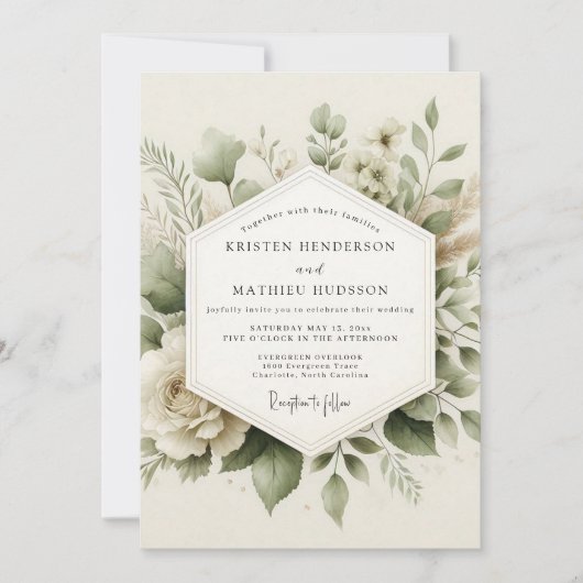 Sage Green Muted Botanical Wedding 招待状 (正面)