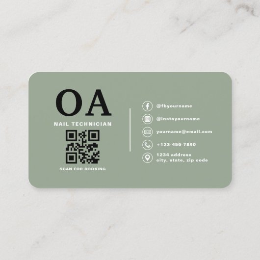 Sage Green Nail Artist QR Code 名刺 (裏面)