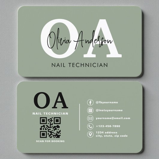 Sage Green Nail Artist QR Code 名刺