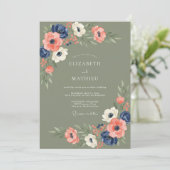 Sage Green Navy Anemone Elegant Wedding 招待状 (スタンド正面)