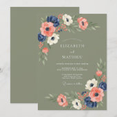 Sage Green Navy Anemone Elegant Wedding 招待状 (正面/裏面)