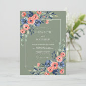 Sage Green Navy Floral Rustic Wedding 招待状 (スタンド正面)