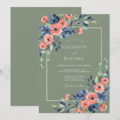 Sage Green Navy Floral Rustic Wedding 招待状 (正面/裏面)