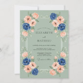 Sage Green Navy Graceful Spring Wedding 招待状 (正面)