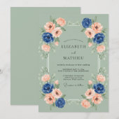 Sage Green Navy Graceful Spring Wedding 招待状 (正面/裏面)