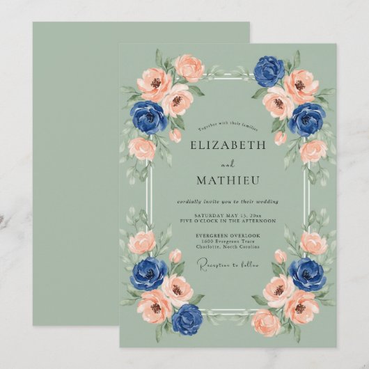 Sage Green Navy Graceful Spring Wedding 招待状 (正面/裏面)