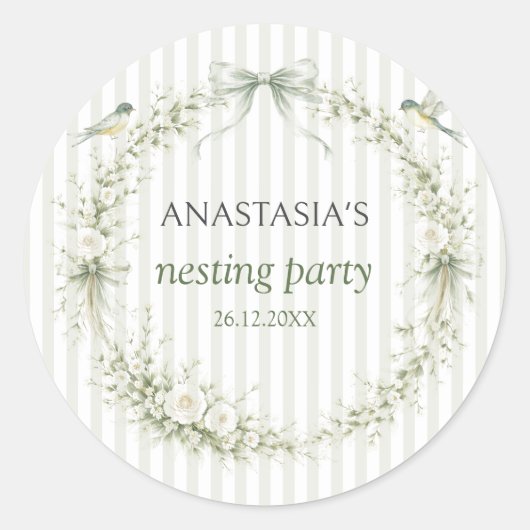 Sage Green Nesting Party Baby Shower ラウンドシール (正面)