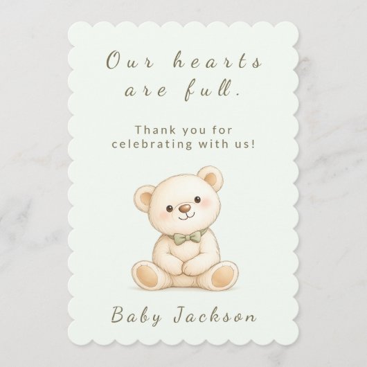 Sage Green Oh Boy Teddy Bear Baby Shower サンキューカード (正面)