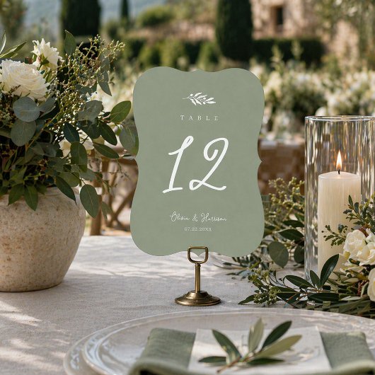 Sage Green Olive Branch Die Cut Table Number 招待状