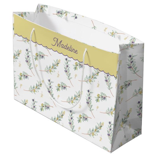 Sage Green Olive Branch Monogram Name ラージペーパーバッグ (裏面アングル)