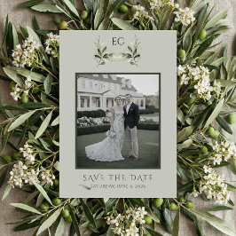 Sage Green Olive Branch Monogram Photo Wedding セーブザデート