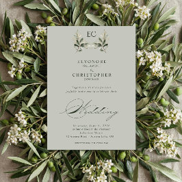 Sage Green Olive Branch Monogram Photo Wedding 招待状