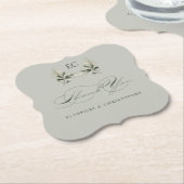 Sage Green Olive Branch Monogram Thank You Card ペーパーコースター (アングル)