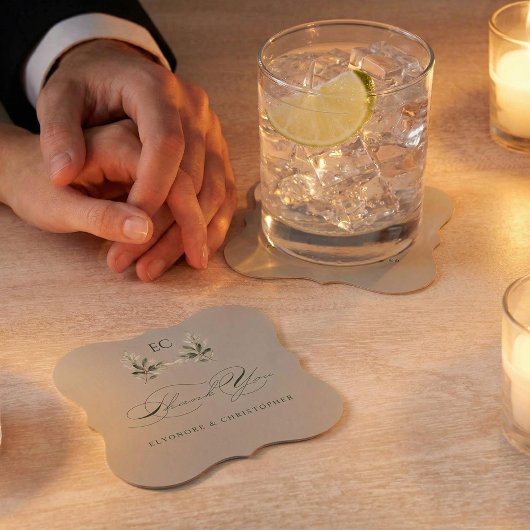 Sage Green Olive Branch Monogram Thank You Card ペーパーコースター