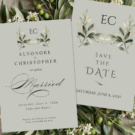 Sage Green Olive Branch Monogram Wedding セーブザデート