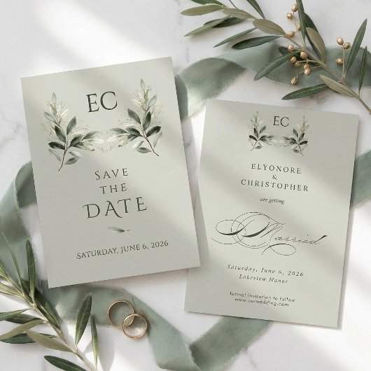 Sage Green Olive Branch Monogram Wedding セーブザデート
