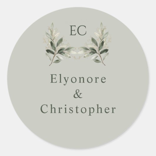 Sage Green Olive Branch Monogram Wedding  ラウンドシール (正面)