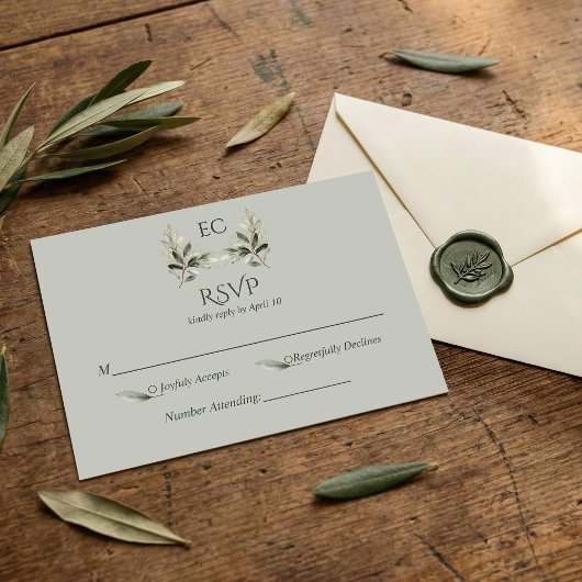 Sage Green Olive Branch Monogram Wedding 出欠カード