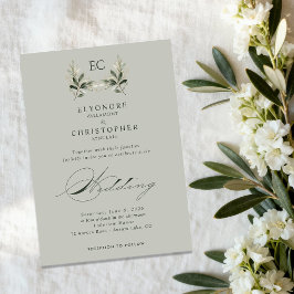 Sage Green Olive Branch Monogram Wedding 招待状