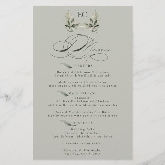 Sage Green Olive Branch Monogram Wedding Menu (正面)