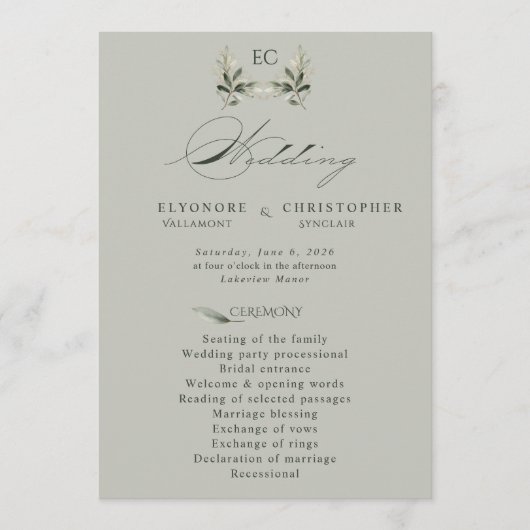 Sage Green Olive Branch Monogram Wedding Program  プログラム (正面)