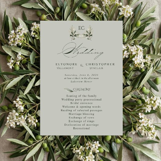 Sage Green Olive Branch Monogram Wedding Program  プログラム
