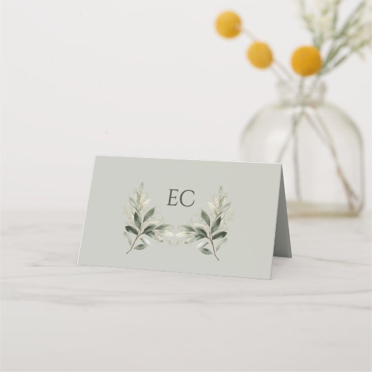 Sage Green Olive Branch Monogram Wedding Table  プレイスカード (裏面)