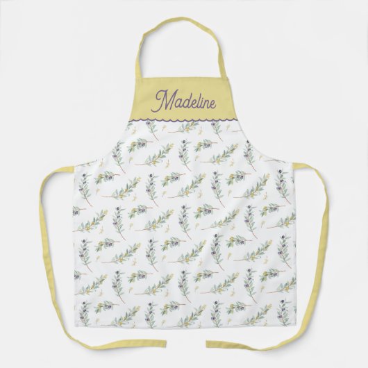 Sage Green Olive Branch Pattern Custom Name エプロン (正面)