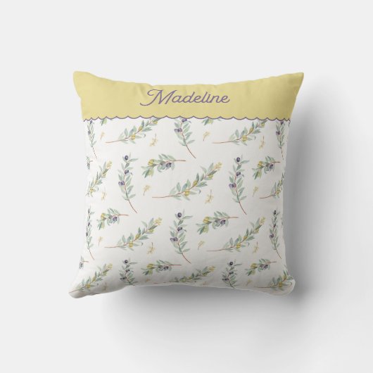 Sage Green Olive Branch Pattern Monogram Name クッション (裏面)