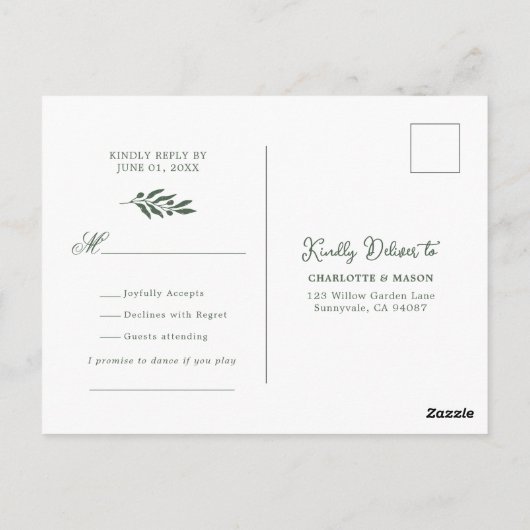 Sage Green Olive Wedding Song Request RSVP ポストカード (裏面)