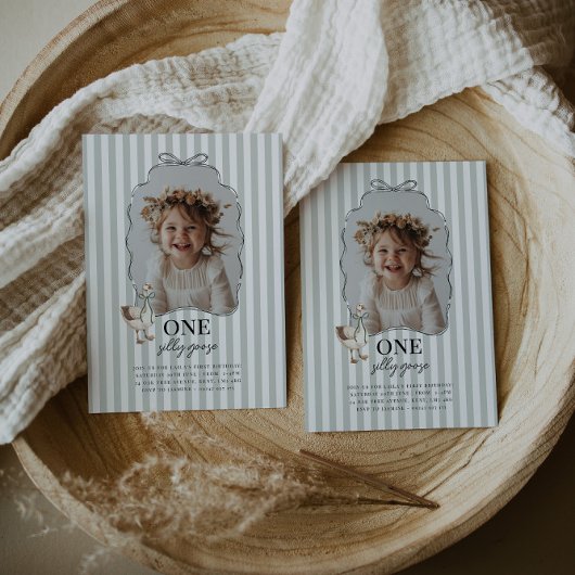 Sage Green One Silly Goose 1st Birthday Invitation 招待状