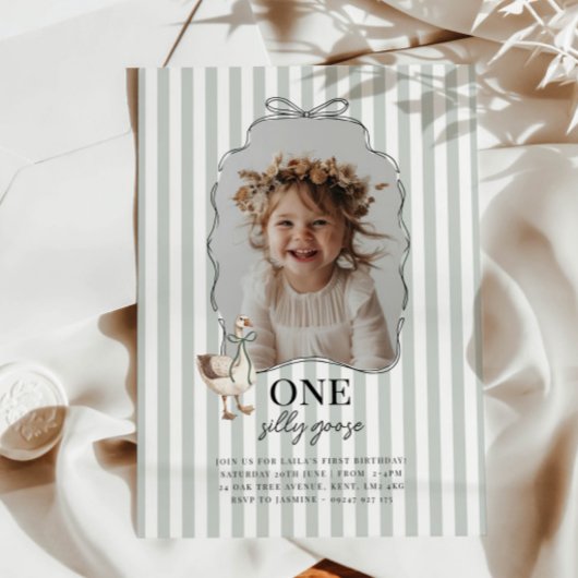 Sage Green One Silly Goose 1st Birthday Invitation 招待状