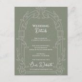 Sage Green Ornate Arch Botanical Wedding Details エンクロージャーカード (正面)