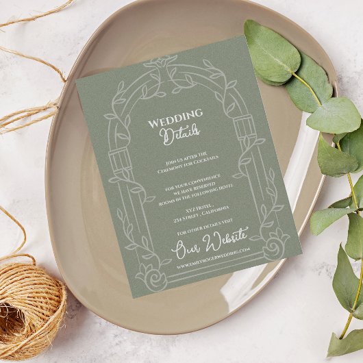 Sage Green Ornate Arch Botanical Wedding Details エンクロージャーカード