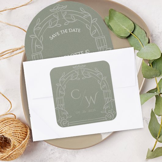 Sage Green Ornate Arch Botanical Wedding Envelope  スクエアシール