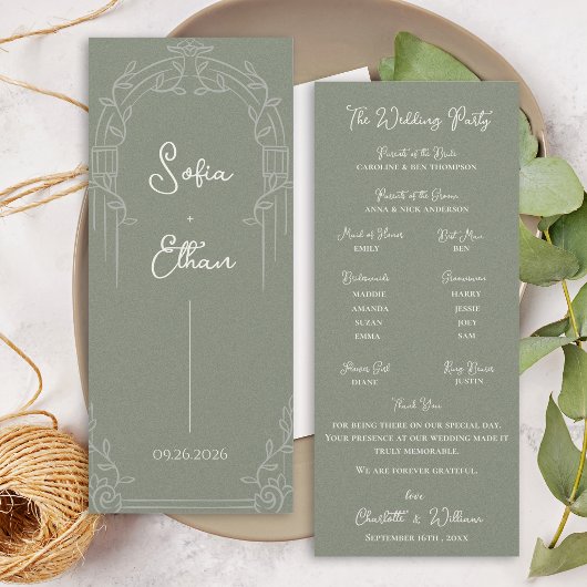 Sage Green Ornate Arch Botanical Wedding Program  招待状