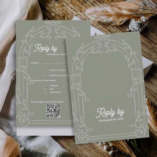 Sage Green Ornate Arch Botanical Wedding Reply By 出欠カード