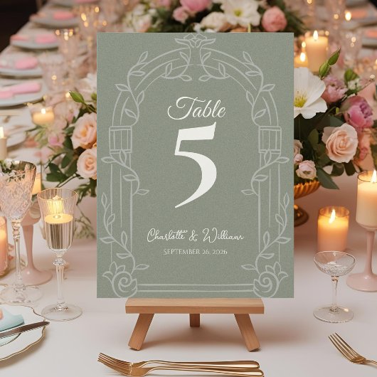 Sage Green Ornate Arch Wedding Table Number サンキューカード