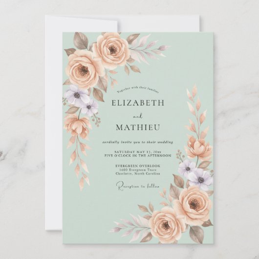 Sage Green Pastel Botanical Wedding 招待状 (正面)