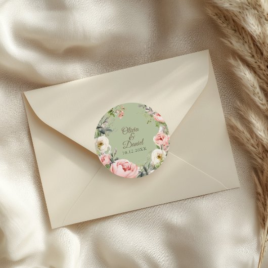 Sage Green Peony Floral Round Sticker ラウンドシール