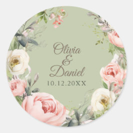 Sage Green Peony Floral Round Sticker ラウンドシール